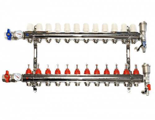 Коллекторная группа TIM 12 выходов из латуни c расходомерами в сборе, фото