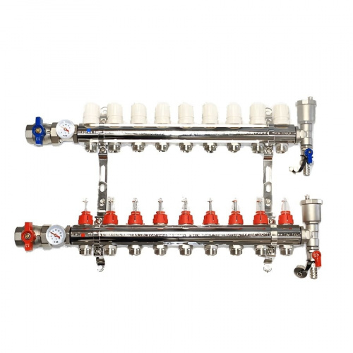 Коллекторная группа TIM 9 выходов из латуни c расходомерами в сборе, фото