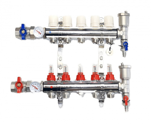 Коллекторная группа TIM 5 выходов из латуни c расходомерами в сборе, фото