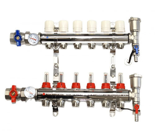Коллекторная группа TIM 6 выходов из латуни c расходомерами в сборе, фото