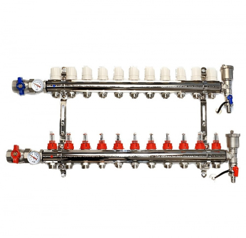 Коллекторная группа TIM 10 выходов из латуни c расходомерами в сборе, фото