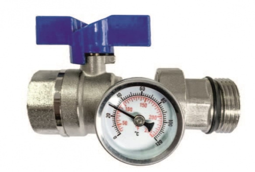 Латунный шаровой кран TAEN 1" с термометром синяя ручка, фото