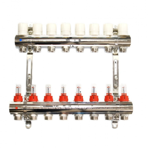 Коллекторная группа TIM 8 выходов из латуни c расходомерами без кранов и концевиков, фото