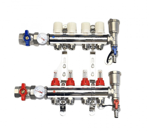 Коллекторная группа TIM 4 выхода из латуни c расходомерами в сборе, фото