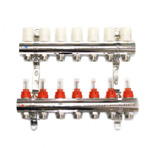 Коллекторная группа TIM 7 выходов из латуни c расходомерами без кранов и концевиков, фото