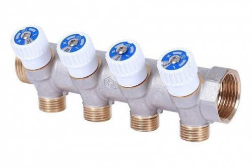 STOUT Коллектор для воды косой 1", 4 отвода 1/2" с вентилями (плоское уплотнение), фото