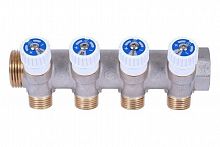 STOUT Коллектор для воды косой 3/4", 4 отвода 1/2" с вентилями (плоское уплотнение), фото