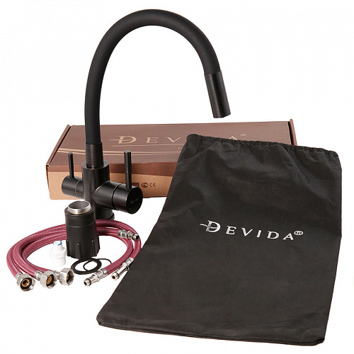 Смеситель DEVIDA для питьевой воды с гибким изливом, черный сатин, SUS304, на гайке, фото фото 2