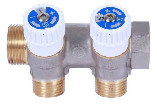 STOUT Коллектор для воды косой 3/4", 2 отвода 1/2" с вентилями (плоское уплотнение), фото