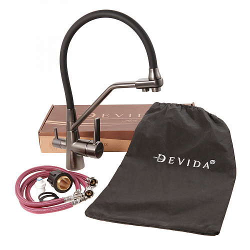 Смеситель DEVIDA для питьевой воды с гибким изливом, вороненый, на гайке, фото фото 3